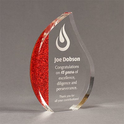 ColorCast flame trophy showing beautiful laser engraving.